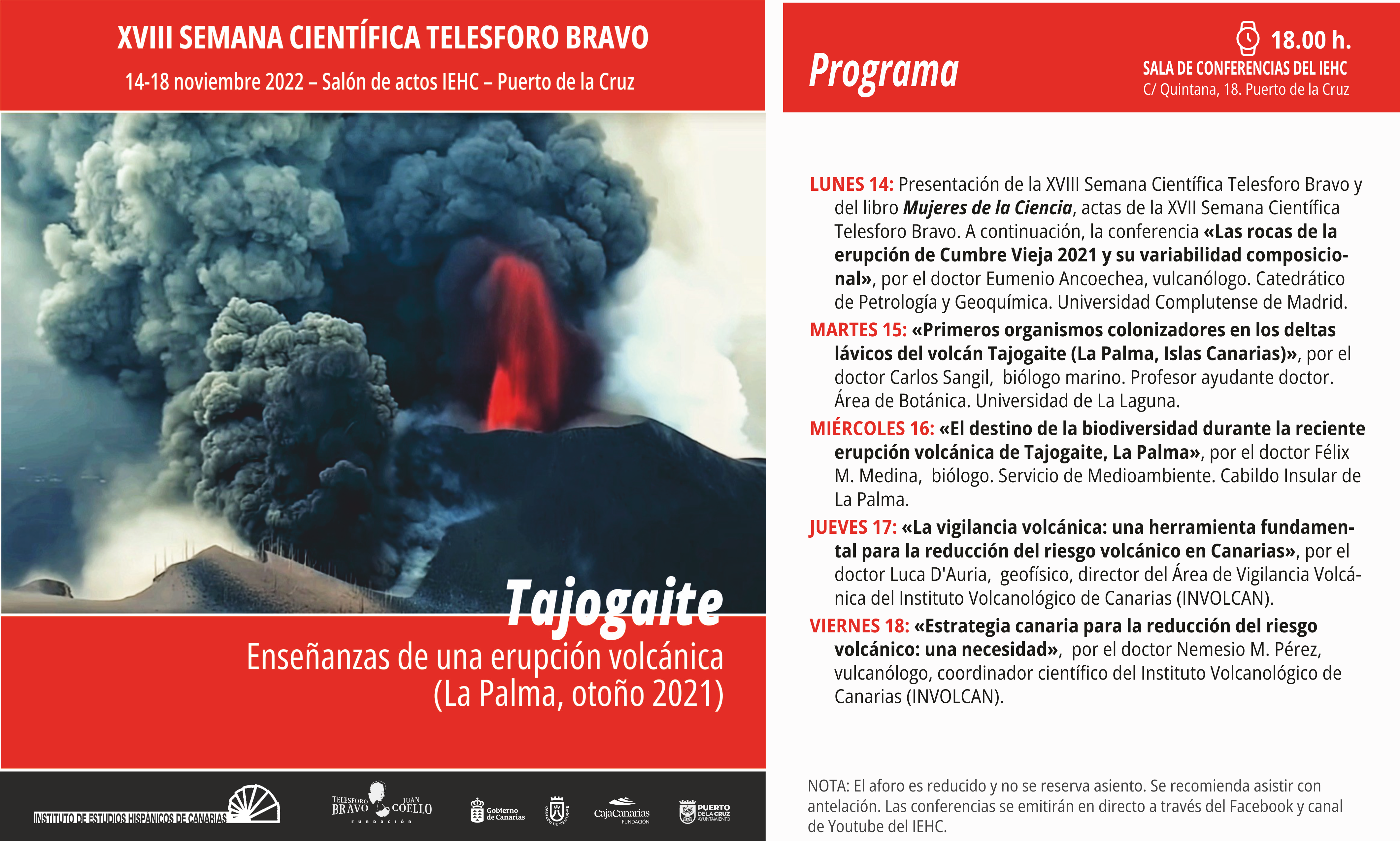 Programa de la XVIII Semana Científica Telesforo Bravo (14 – 18 de noviembre, 2022)